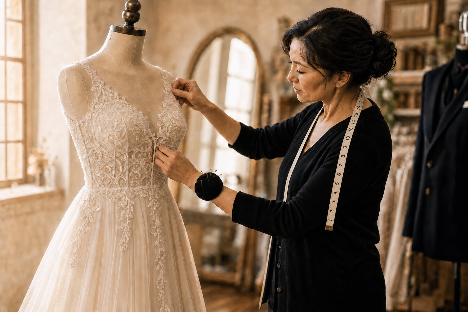 A tailor carefully fitting an elegant garment on a dress form in a warm studio