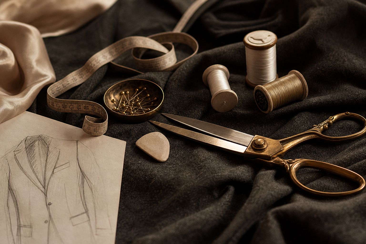 Tailoring tools, measuring tape, thread, scissors and a garment sketch arranged on a worktable